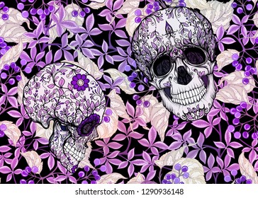 Seamless Pattern with human skulls and  plants. Colored vector illustration.