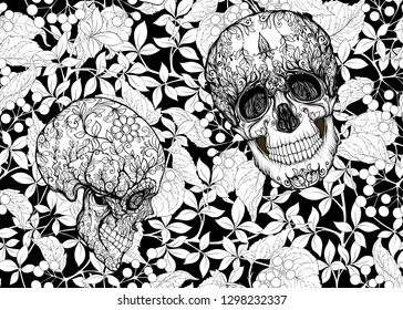 Seamless Pattern with human skulls and  plants. Colored vector illustration. Line art.