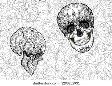 Seamless Pattern with human skulls and  plants. Colored vector illustration. Line art.