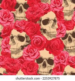 Seamless pattern with human skulls and red roses. Vector background with sinister smiling skulls. Graphic print for clothes, fabric, wallpaper, wrapping paper