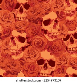 Seamless pattern with human skulls and red roses. Vector background with sinister smiling skulls. Graphic print for clothes, fabric, wallpaper, wrapping paper