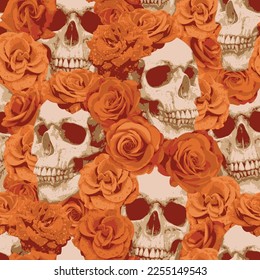 Seamless pattern with human skulls and red roses. Vector background with sinister smiling skulls. Graphic print for clothes, fabric, wallpaper, wrapping paper