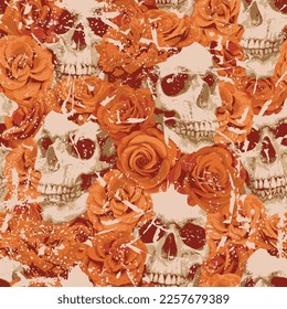 Seamless pattern with human skulls and red roses. Vector background with sinister smiling skulls. Graphic print for clothes, fabric, wallpaper, wrapping paper