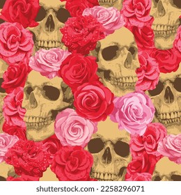 Seamless pattern with human skulls and red roses. Vector background with sinister smiling skulls. Graphic print for clothes, fabric, wallpaper, wrapping paper