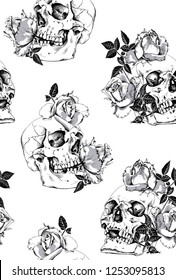 Seamless pattern. Human skulls with a rose flowers and leaves. Textile composition, hand drawn style print. Vector black and white illustration.