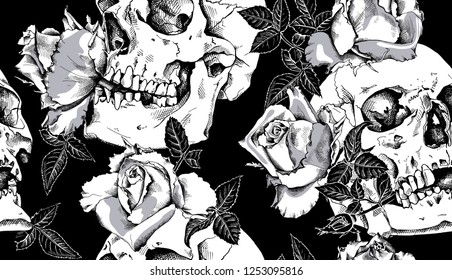 Seamless pattern. Human skulls with a rose flowers and leaves. Textile composition, hand drawn style print. Vector black and white illustration.