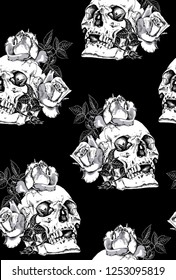 Seamless pattern. Human skulls with a rose flowers and leaves. Textile composition, hand drawn style print. Vector black and white illustration.