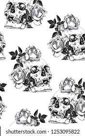 Seamless pattern. Human skulls with a rose flowers and leaves. Textile composition, hand drawn style print. Vector black and white illustration.