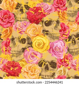 Seamless pattern with human skulls and roses. Vector background with sinister smiling skulls. Graphic print for clothes, fabric, wallpaper, wrapping paper