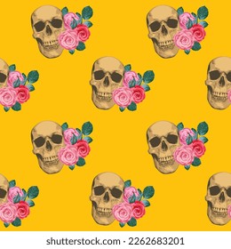 Seamless pattern with human skulls and roses. Vector background with sinister smiling skulls. Graphic print for clothes, fabric, wallpaper, wrapping paper
