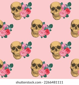 Seamless pattern with human skulls and roses. Vector background with sinister smiling skulls. Graphic print for clothes, fabric, wallpaper, wrapping paper