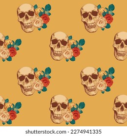Seamless pattern with human skulls and roses. Vector background with sinister smiling skulls. Graphic print for clothes, fabric, wallpaper, wrapping paper