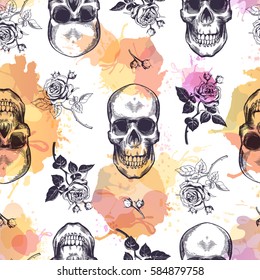 Seamless pattern with human skulls and roses drawn in etching style and translucent orange and pink stains. Creative kitschy backdrop. Vector illustration for wallpaper, wrapping paper, textile print.