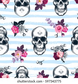 Seamless pattern with human skulls and semi-colored bunches of roses in etching style and blue horizontal paint traces on background. Modern backdrop. Vector illustration for wallpaper, textile print.