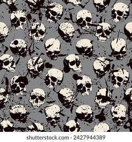 Seamless pattern with human skulls with stains and spatters. Vector background with sinister smiling skulls in retro style. Graphic print for clothes, fabric, wallpaper, wrapping paper