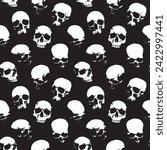 Seamless pattern with human skulls. Vector background with sinister smiling skulls in retro style. Graphic print for clothes, fabric, wallpaper, wrapping paper