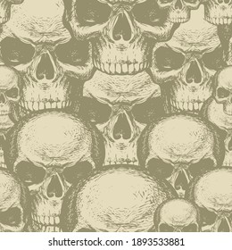 Seamless pattern with human skulls. Vector background with hand-drawn skulls. Graphic print for apparel, design element for halloween party, fabric, wallpaper, wrapping paper in beige colors