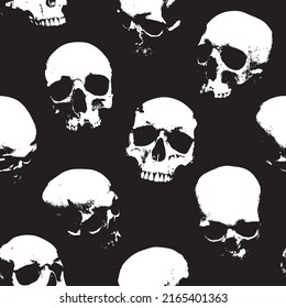 Seamless pattern with human skulls. Vector background with sinister smiling skulls in retro style. Graphic print for clothes, fabric, wallpaper, wrapping paper