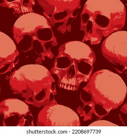 Seamless pattern with human skulls. Vector background with sinister smiling skulls in retro style. Graphic print for clothes, fabric, wallpaper, wrapping paper