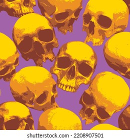 Seamless pattern with human skulls. Vector background with sinister smiling skulls in retro style. Graphic print for clothes, fabric, wallpaper, wrapping paper