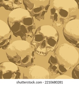 Seamless pattern with human skulls. Vector background with sinister smiling skulls in retro style. Graphic print for clothes, fabric, wallpaper, wrapping paper