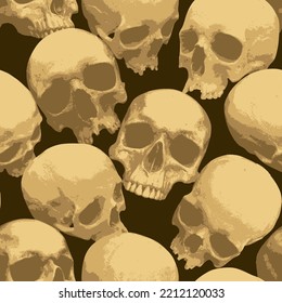 Seamless pattern with human skulls. Vector background with sinister smiling skulls in retro style. Graphic print for clothes, fabric, wallpaper, wrapping paper