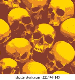 Seamless pattern with human skulls. Vector background with sinister smiling skulls in retro style. Graphic print for clothes, fabric, wallpaper, wrapping paper