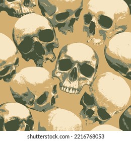 Seamless pattern with human skulls. Vector background with sinister smiling skulls in retro style. Graphic print for clothes, fabric, wallpaper, wrapping paper