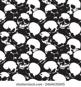 Seamless pattern with human skulls. Vector background with sinister smiling skulls in retro style. Graphic print for clothes, fabric, wallpaper, wrapping paper