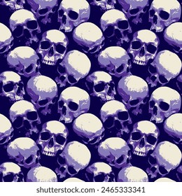 Seamless pattern with human skulls. Vector background with sinister smiling skulls in retro style. Graphic print for clothes, fabric, wallpaper, wrapping paper