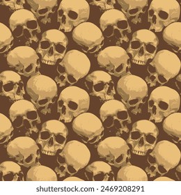 Patrón sin fisuras con cráneos humanos. Fondo de Vector con calaveras sonrientes siniestras en estilo retro. Impresión gráfica para la ropa, tela, Fondo de pantalla, papel de envoltura