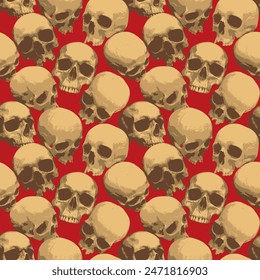 Seamless pattern with human skulls. Vector background with sinister smiling skulls in retro style. Graphic print for clothes, fabric, wallpaper, wrapping paper