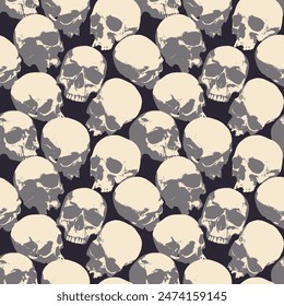 Seamless pattern with human skulls. Vector background with sinister smiling skulls in retro style. Graphic print for clothes, fabric, wallpaper, wrapping paper