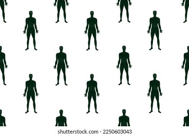Seamless pattern with a humanoid on a white background. Little green men. Print for wallpaper in the children's room with an alien. An ornament for bed linen with cosmic creatures.