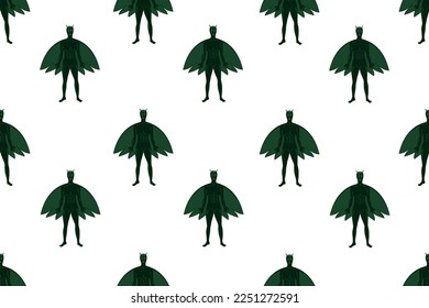 Seamless pattern with a humanoid on a white background. Little green men with wings. Print for wallpaper in the children's room with an alien. An ornament for bed linen with cosmic creatures.