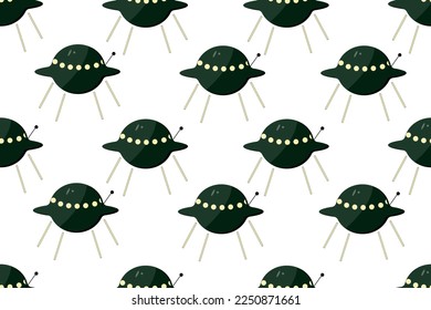 Seamless pattern with a humanoid ship on a white background. Print for wallpaper in the children's room with an alien spaceship. An ornament for bed linen with spacecraft.