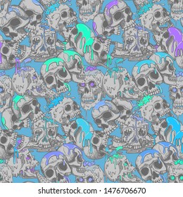 Seamless pattern with human's skulls melts and flows. Broken jaw, teeth fell out. Creepy cartoon illustration for prints, t-shirts, Halloween or tattoo. 