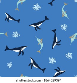 Seamless pattern of humback whales, fish and corals on a blue background.