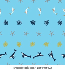 Seamless pattern of humback whales, fish, corals, and starfish on a blue background. Vector illustration.