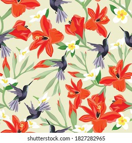 Seamless pattern humiingbird in orange and white blossom,tropical fower and leaf.