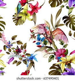 Seamless pattern of humming bird, parrot on the tropical branches with flowers and leaves. Watercolor, hand drawn. Vector - stock.