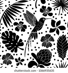 Seamless pattern with humming bird, tropical flowers, leaves. Summer background texture. Wallpaper