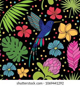 Seamless pattern with humming bird, tropical flowers, leaves. Summer background texture. Wallpaper