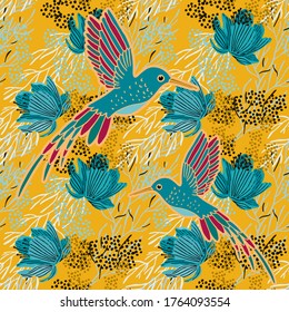 Pájaro de zumbido sin foco, flores tropicales, hojas. Fondo de verano. Diseño de tejido, papel tapiz