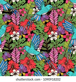 Seamless pattern with humming birds, flowers, palm leaves. Tropical background texture. Wallpaper, fabric design