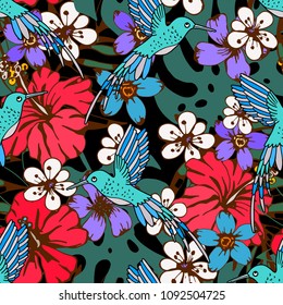 Seamless pattern with humming birds, flowers, palm leaves. Tropical background texture. Wallpaper, fabric design