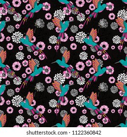 Seamless pattern with humming birds, flowers. Fabric design