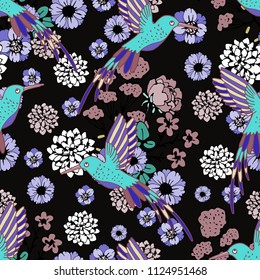 Seamless pattern with humming birds, flowers. Fabric design