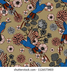 Seamless pattern with humming birds, flowers. Fabric design