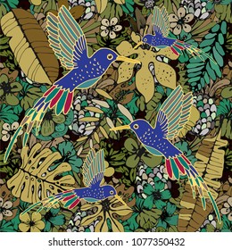 Seamless pattern with humming birds, tropical flowers, leaves. Summer background texture. Wallpaper, fabric design